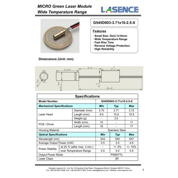 3.7mm Mini Laser Module for Construction Works 532nm/545nm Wide Temperature Beam Mode