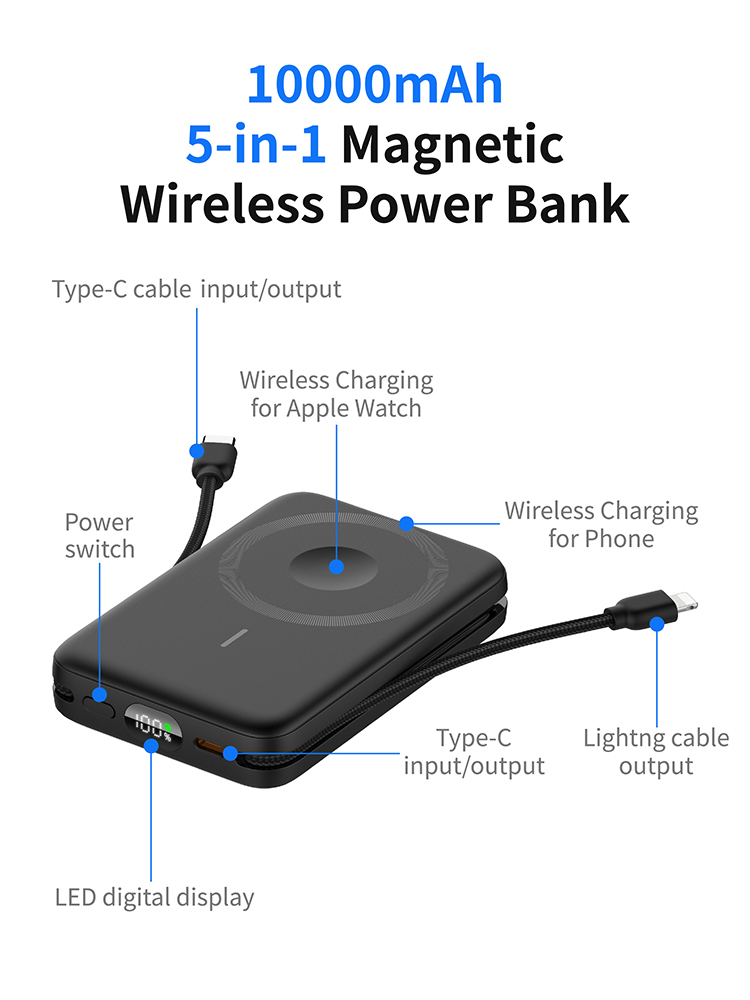 10000mAh Magnetic Wireless Power Bank, 3‑in‑1 Portable Charger with Built‑in Lightning & Type‑C Fast Charging Cables, Foldable Stand, LCD Digital Display, Compact External Battery Pack for Phones