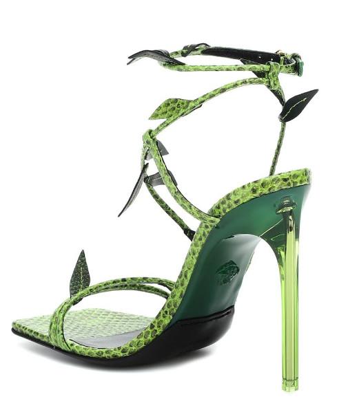 Papaya Green Pointed Toe Stiletto Heels Raffia Trims Open Toe Ankle Strap Sandals