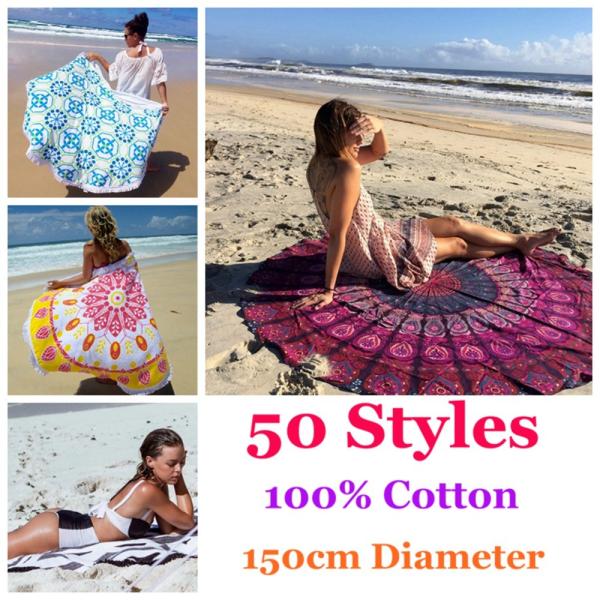 China wholesale mandala roundie towel 100% cotton round beach towels with tassels fringe
