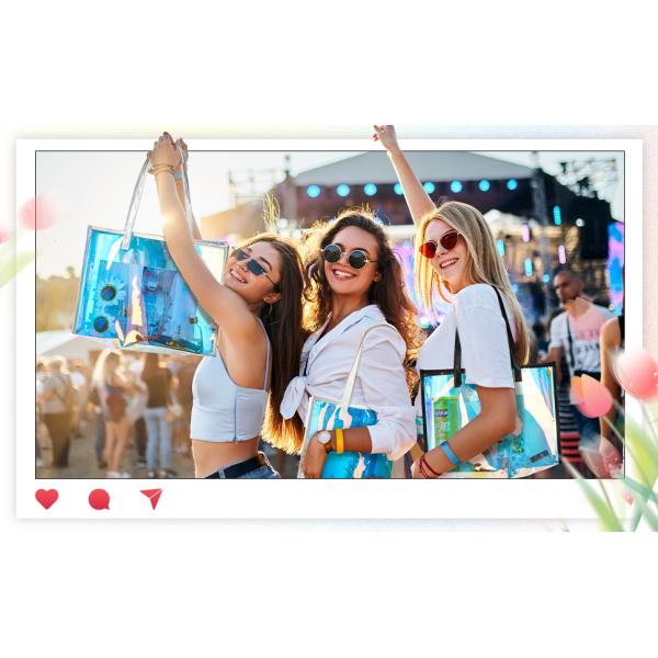 sustainable recyclable Holographic Clear Tote Bag With Leather Handle Iridescent Bachelorette Beach Bag For Work Stadium Travel