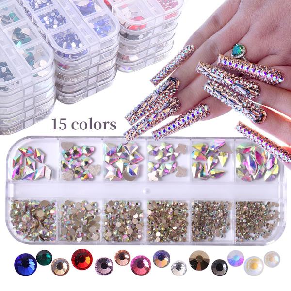 Nail SPA or Training 12 Grid AB Nail Stone Kit with Multi Shape Crystal Rhinestones