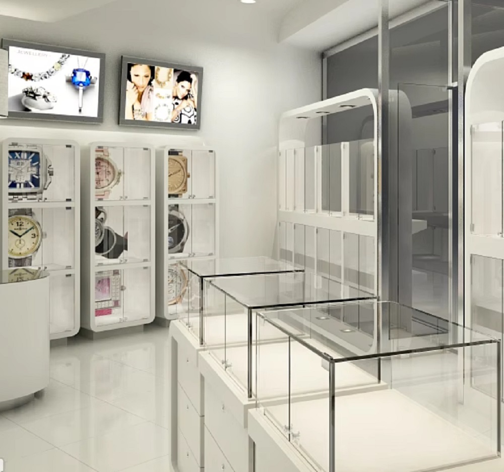 Minimalist Pure White Rounded Corner Jewelry Watch Display Cases High End Custom Glass Showcases White Metal Frame Retail Store