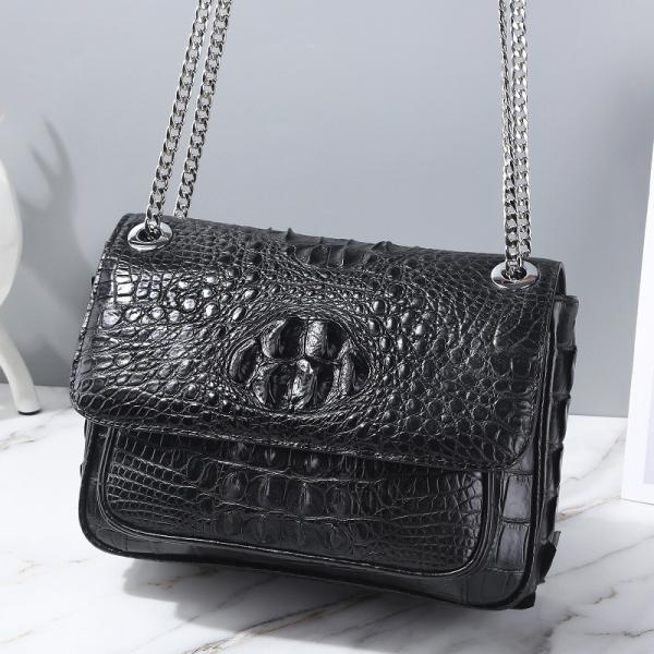Exotic Genuine Crocodile Skin Silver Chain Lady Purse Real True Alligator Leather Women Purse Female Single Shoulder Bag