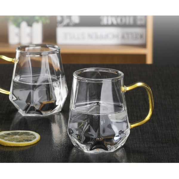 BPA Free Single Wall Glass Mug Diamond Shape Borosilicate Glass Cup With Handle