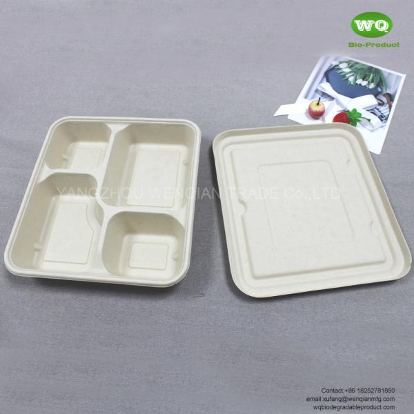 4-Coms Square Lunch Tray With Lid -  Chinese Factory Offered Sugarcane Tableware-Leak Proof Takeaway Container With Lid