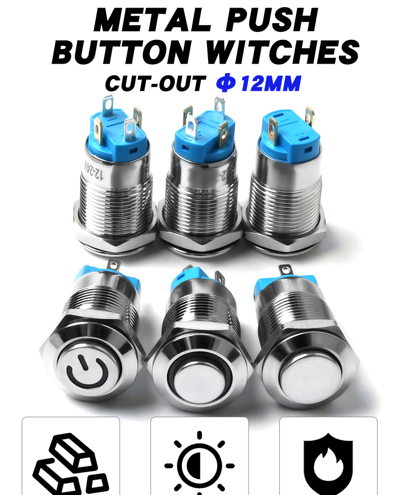 12mm Waterproof IP65 Push Button Switch Self-Locking 1NO High Level Flat Head/High Head On-Off Operation