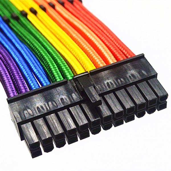 Bradided Sleeved Cable Extension PSU Power Supply Extension Cable Rainbow 24pin Female to Male Computer Extension Cord Stripped