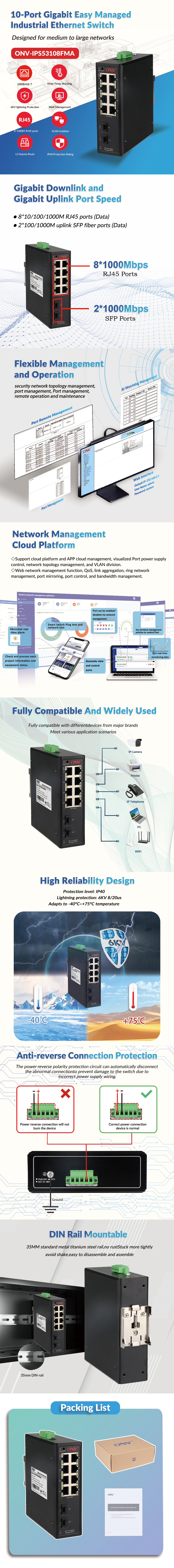 10 Port Gigabit Easy Managed Industrial Ethernet Switch With SFP Fiber Ports