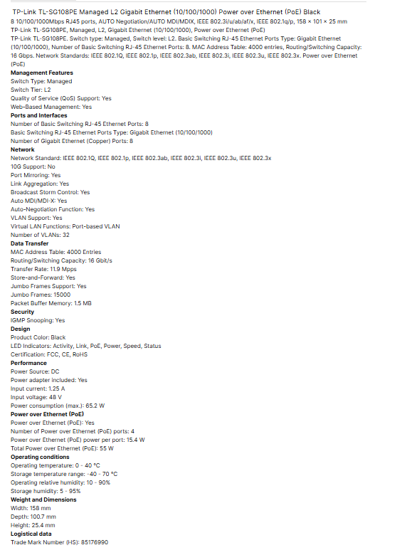 TP-LINK TL-SG108PE 8-Port Gigabit Ethernet Switch with 4x PoE and Easy Smart Function