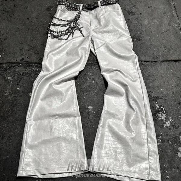 Pantalons en cuir sur mesure avec des jambes larges, des pantalons en poches, des hommes qui courent, des coureurs, des roulettes à fermeture à glissière, des vêtements de rue, des pantalons de sport avec fermeture à glissière.