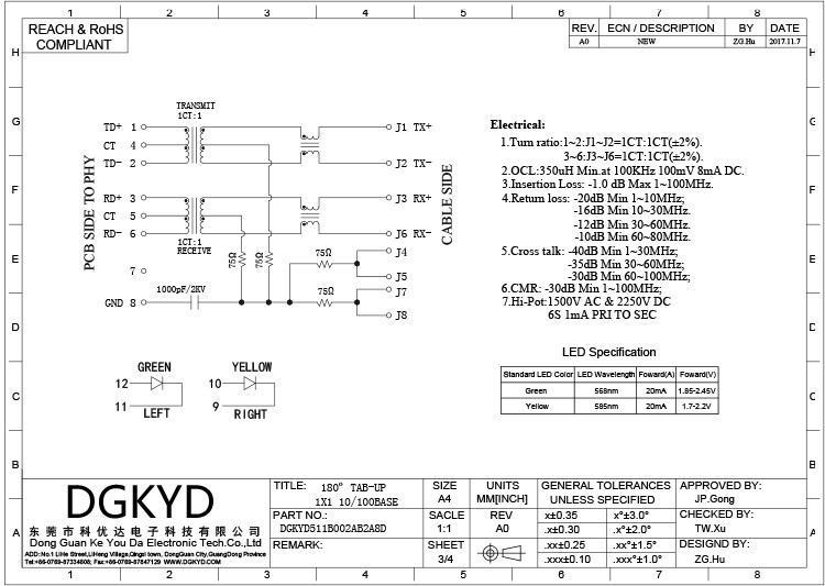 DGKYD511B002AB2A8D RJ45 100M 180-градусный сетевой разъем 8PIN с прямой вилкой и подсветкой и экранированной розеткой