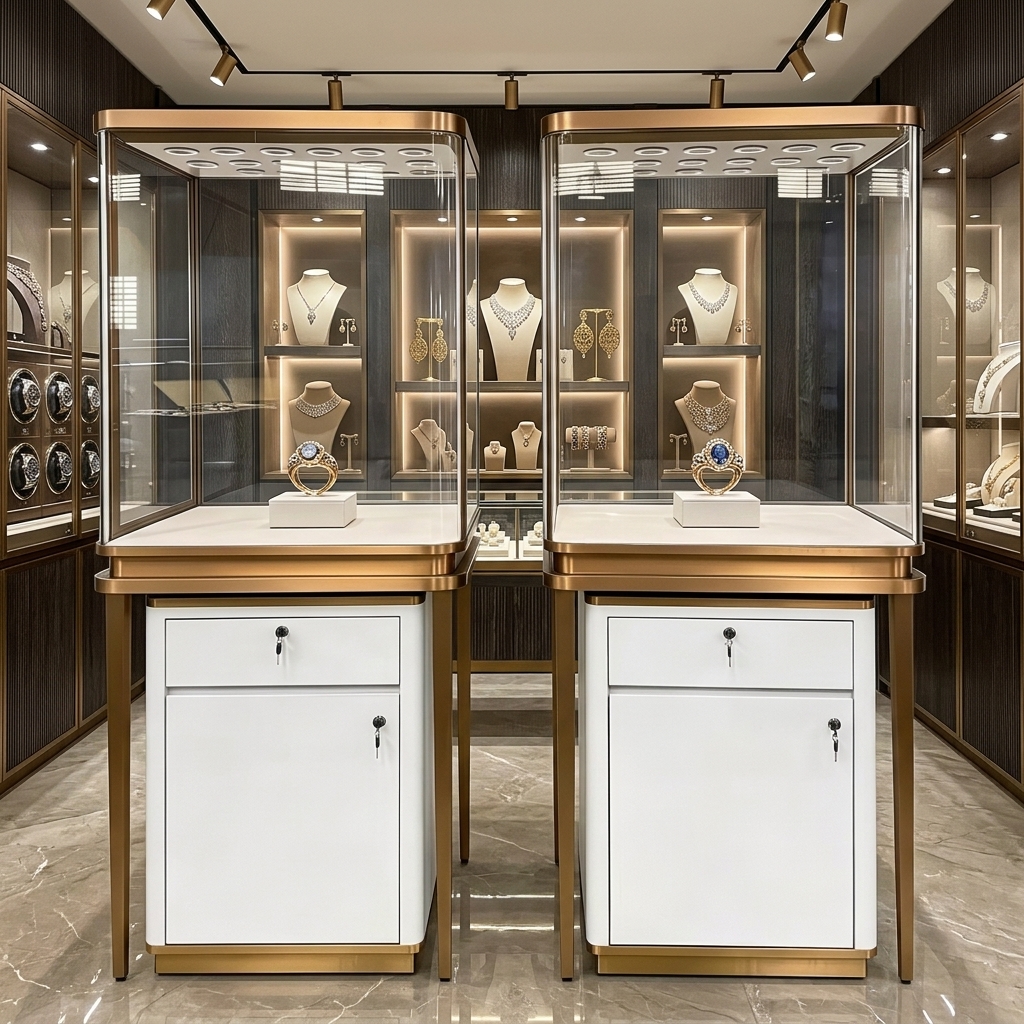 Luxury Rose Gold Jewelry Display Cabinet with Lockable Drawers and Customizable Design