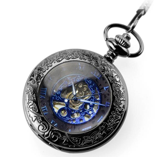 Pocket watch with automatic movement , Retro Vintage Smooth Black Quartz Pocket Watch With Chain