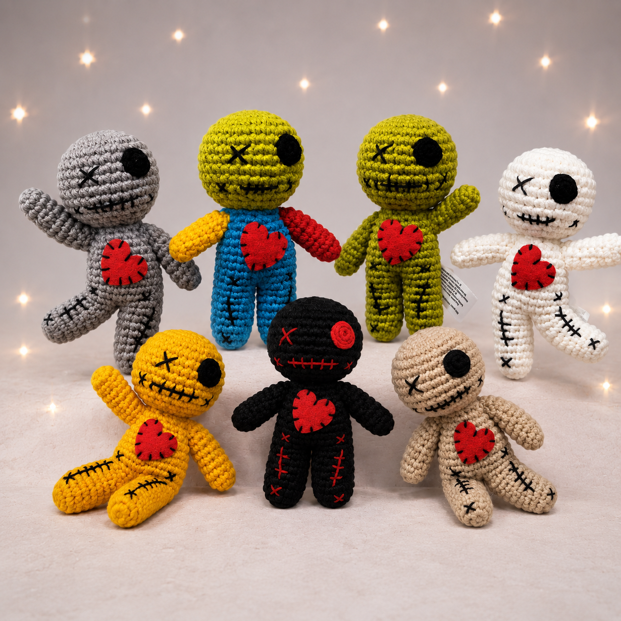 Crochet Voodoo Doll Set Halloween Plush Decorations Handmade Style Spooky Party Decor Goth Room Ornament Festival Display Stuffed Yarn Doll for Haunted House Carnival Cosplay Gifts