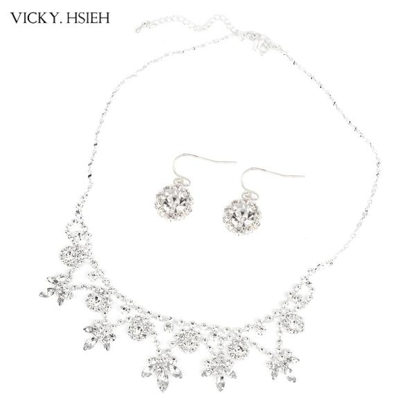 VICKY.HSIEH Silver Tone Bridal Navette Drop White Stone Necklace Set