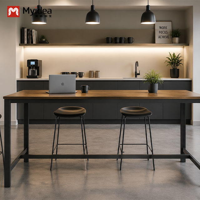 Modern Office Bar Table with Sturdy Steel Legs – A Durable, Space-Efficient Counter for Breakrooms, Coffee Stations, and Casual Work Areas.