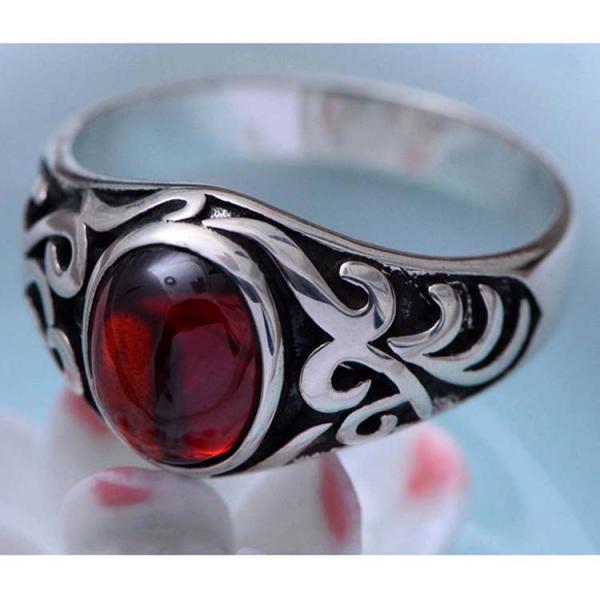 Thai Retro Sterling Silver Oval Created Garnet Ring For Men (013682)