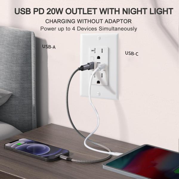 Plastic USB Type C Wall Outlet Warm White Wall Outlet Night Lights 20A 125V