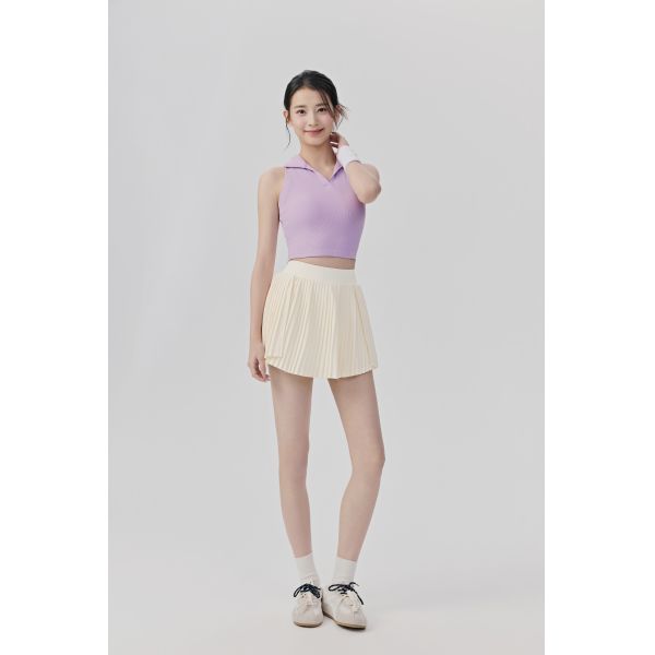 Brown Ribbed Sleeveless Polo Crop Top with Cream Pleated Skirt Set for Activewear and Casual Outfits
