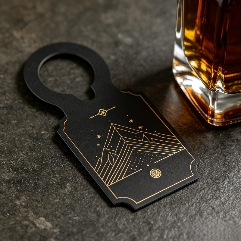 Black Vellum Paper Liquor Neck Tag With Gold Foil For Bottle Packaging