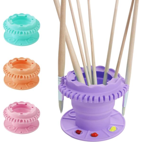 Paint Brush Cleaner - Foldable Silicone Paint Brush Cleaner Rinse Cup With Palette And 40 Brush Storage Holder For Classroom Studio Outdoor Painting