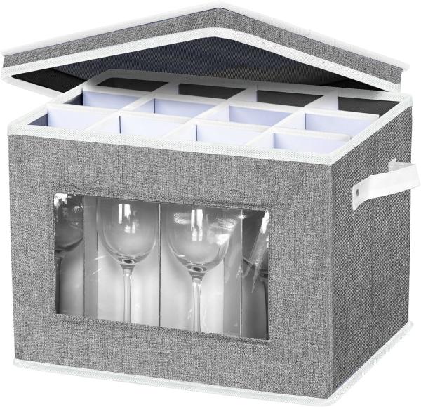 HOMYFORT WINE GLASS STEMWARE STORAGE CASES, CHINA STORAGE CONTAINERS BOX WITH DIVIDERS HARD SHELL FOR 12 CRYSTAL GLASSWA