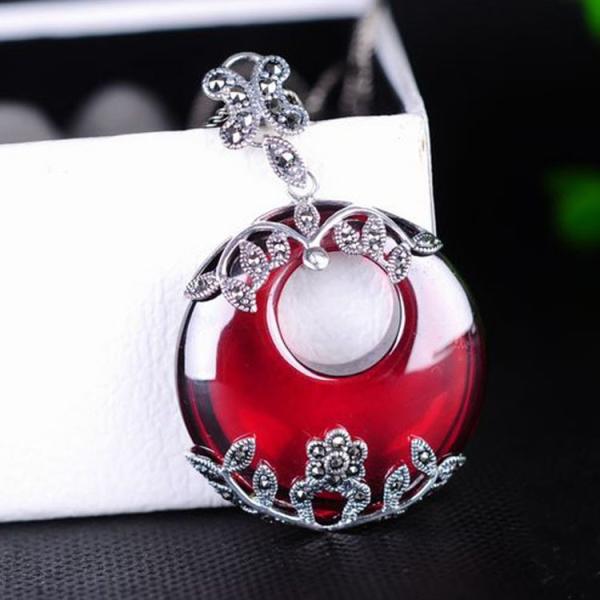 Thai Silver Garnet Pendant Necklace Marcasite Retro Jewelry(N11061RED)