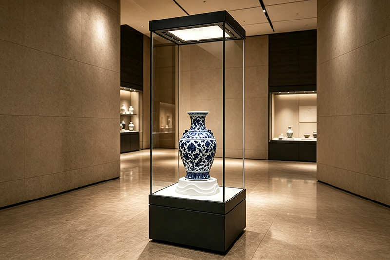 Anti-Glare Four-Sided Museum Exhibit Cabinet with Sculpted Wavy Plinth and Top Panel Lighting