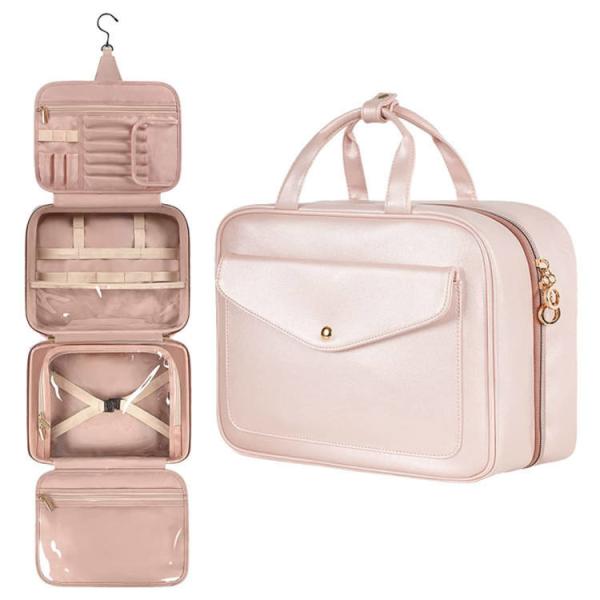 Custom Logo Foldable Portable Storage Pink Cosmetic Bags Makeup Organizer Travel Hanging Toiletry Bag