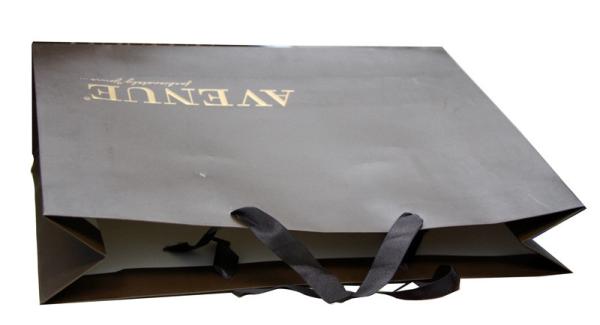 Brown Matt Coat Paper Carrier Bag Ribbon Handle Gold Logo On 4 Sides