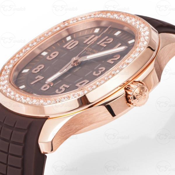Patek Philippe Aquanaut en acier inoxydable, lunette diamants, cadran noir, bracelet en caoutchouc, montre automatique de luxe