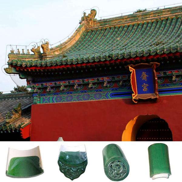Керамическая крыша орнаментирует зеленые китайские черепицы для здания буддийского виска