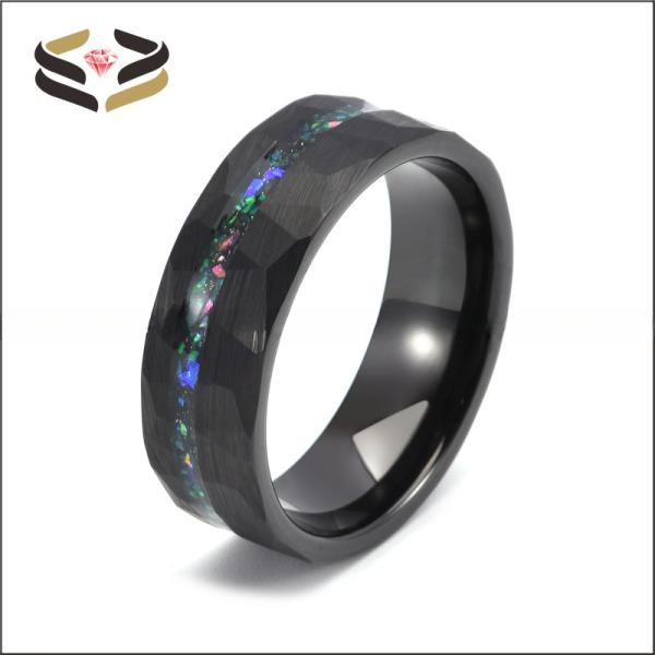 Anneaux de mariage en tungstène noir facetté pour hommes 8 mm avec incrustation de type perle et incrustation d'opale Galaxy