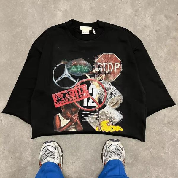 T-shirt masculino cortado colorido 100% algodão peso pesado gráfico 3/4 manga