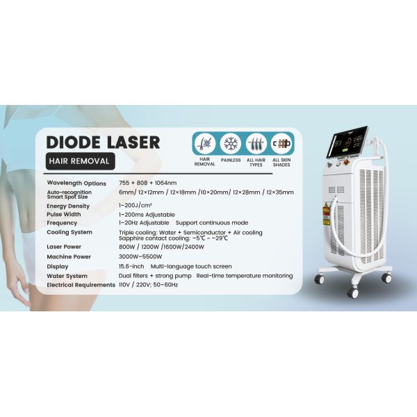 2400W Diode Laser Hair Removal Machine 755 808 1064nm With Ice Cooling Smart Handle