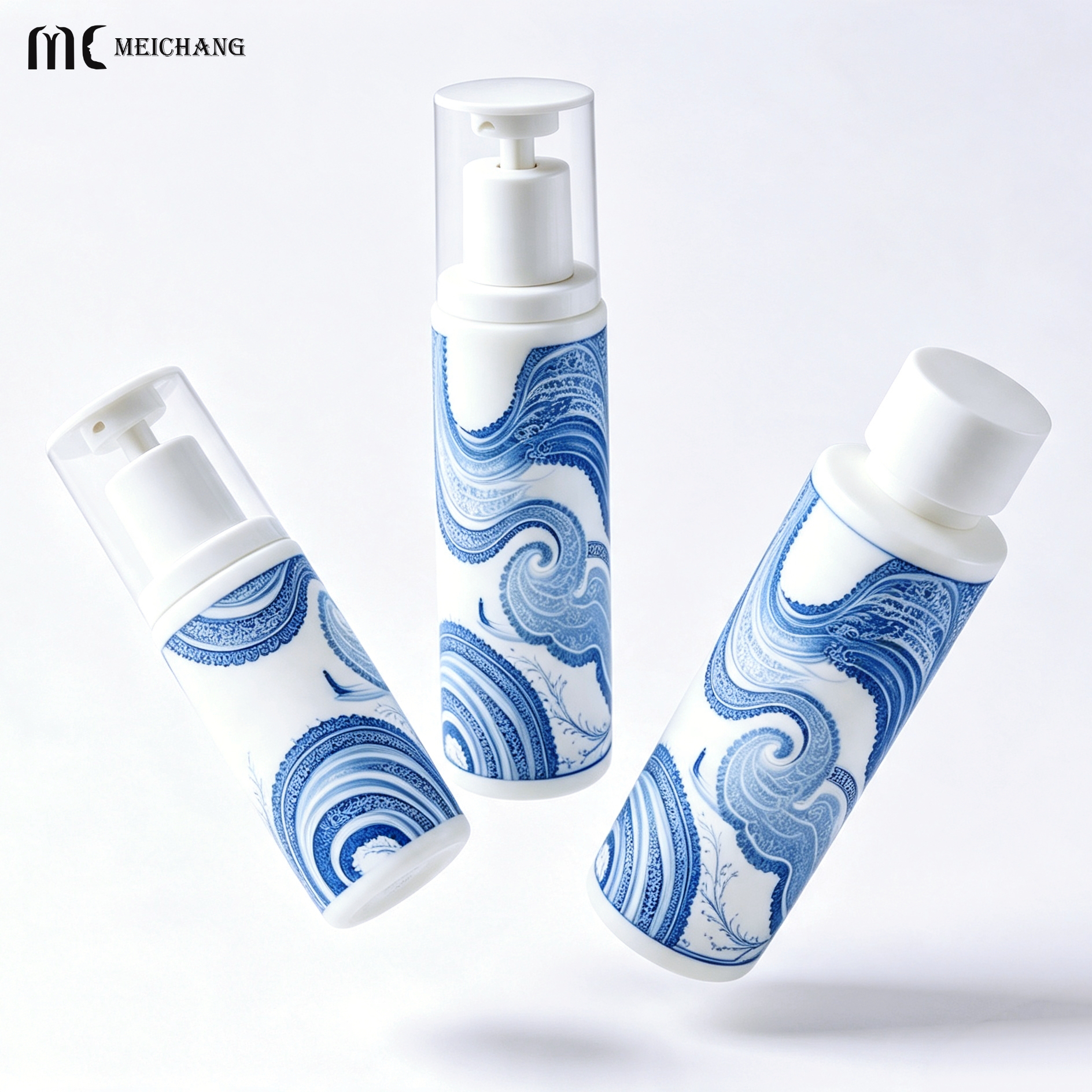 Blue & White Oriental Design Light-Blocking Glass Skincare Bottle with UV Protection Coating and Customizable Decoration