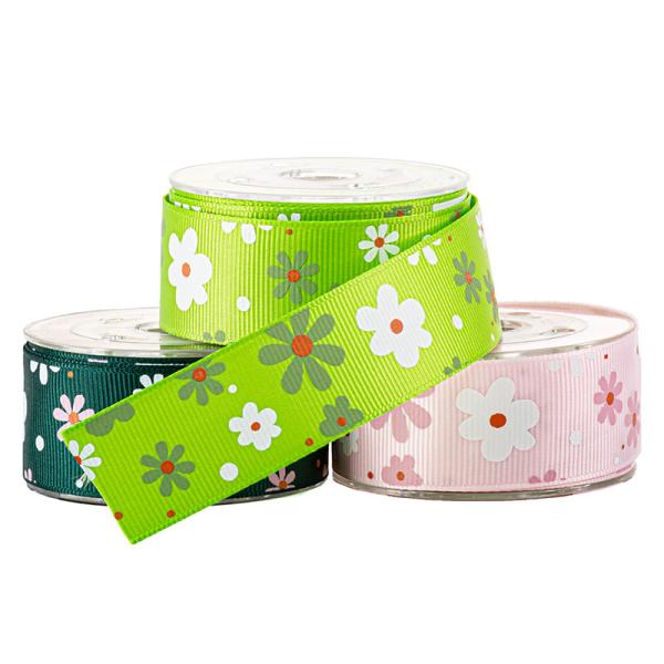 Green Printed Sunflower 3mm Custom Grosgrain Ribbon