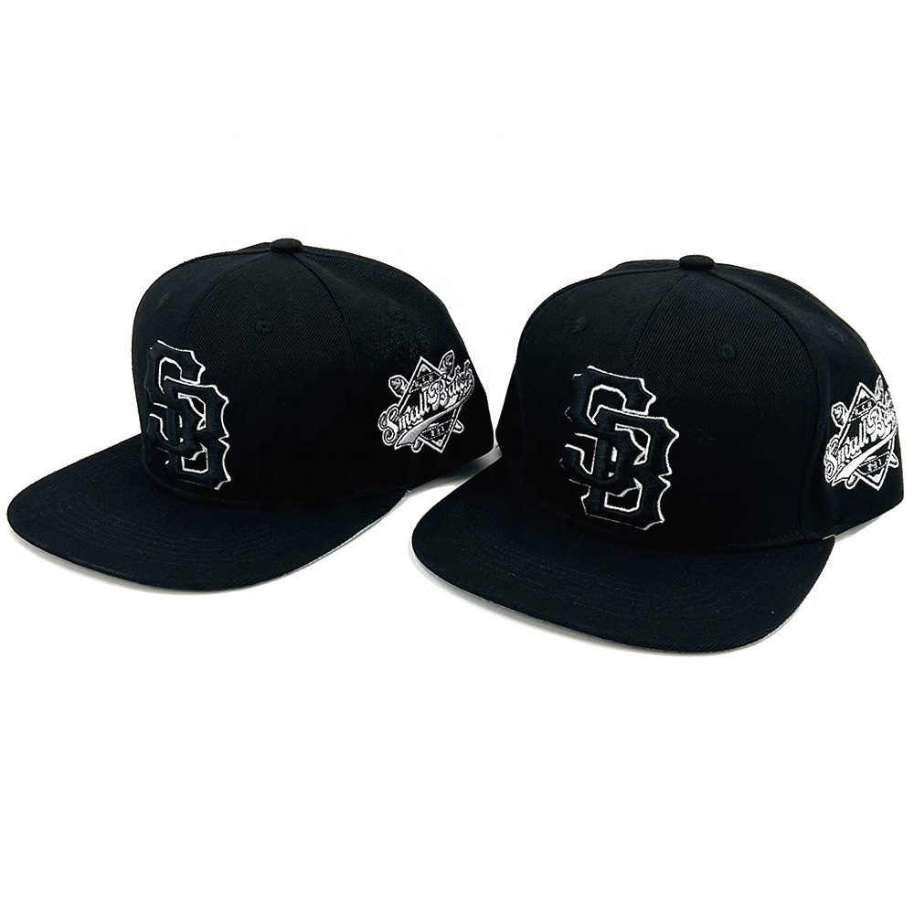 Custom 3D Embroidered 6 Panel Snapback Caps Flat Bill Brim Unstructured Adjustable