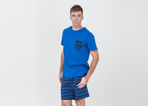 Mens Cotton Jersey Round Neck Tee and Yarn Dyed Striped Short Pants Pyjamas Set Functional Placket Side Pockets