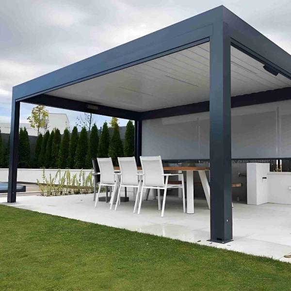 30 UV-Resistant Powder Coats Aluminum Patio Pergola With 6” X 2” Hollow Core And Motorized Louvers
