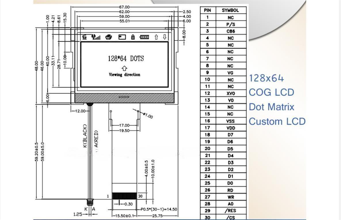 2.44 дюймовый индивидуальный модуль ЖК-дисплея FSTN 128x64 точки Управляющий ИК ST7567 1/64Duty,1/9Bias
