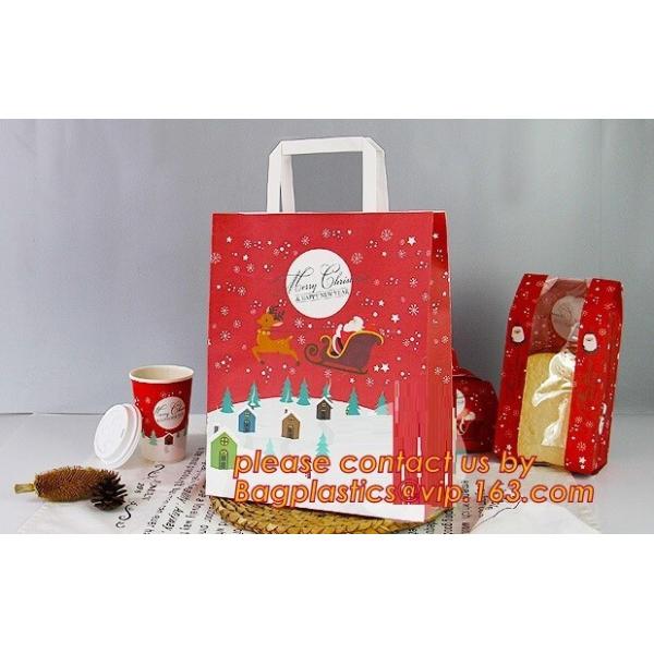 Christmas paper shopping bag, shopper, Customized Reusable Brown baguette bag /kraft paper bread bag with window, handle