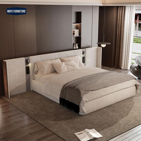 Customize Size Modern Luxury Double Queen Bed Large Headboard Velvet Fabric Upholstered King Size Beds Power Switch Furniture