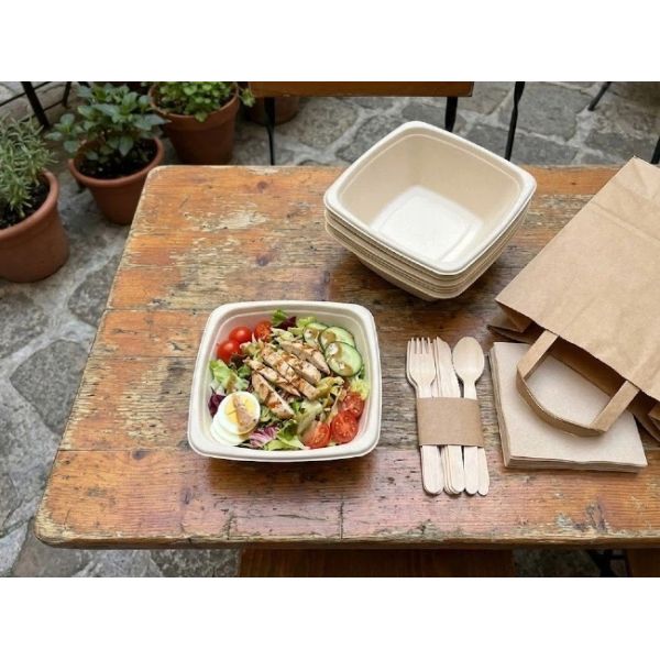 Square Salad Compostable Takeaway Bagasse Clamshell Containers Bowl With Lid 32oz