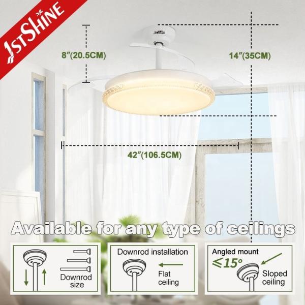 2- Design de lâminas dobráveis brancas LED Ventilador de teto com motor BLDC e lâminas retráteis