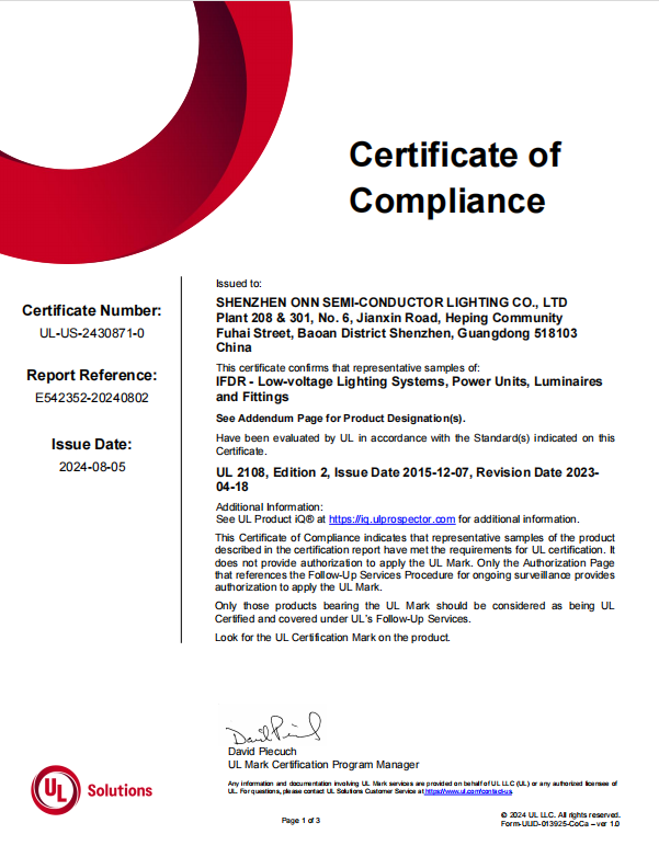 Shenzhen ONN Semi-Conductor Lighting Co., Ltd. Certifications