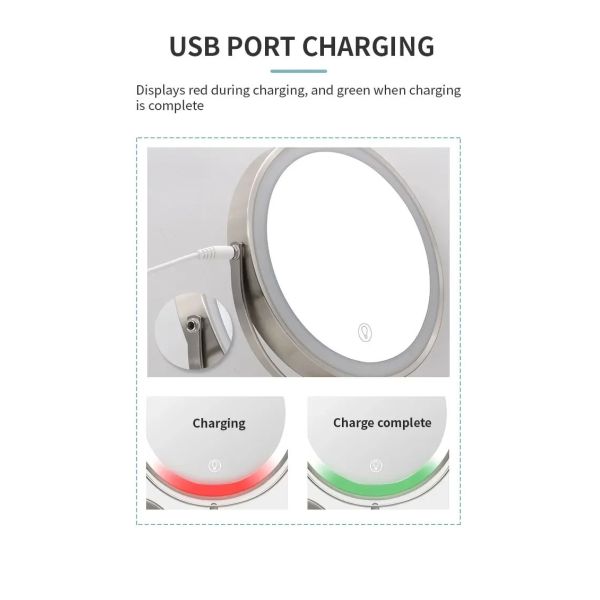 8 Inch Chrome 10x Magnifying Double Side USB Charging Bathroom 3 Color Makeup Mirror lamp(WH-MR-82)