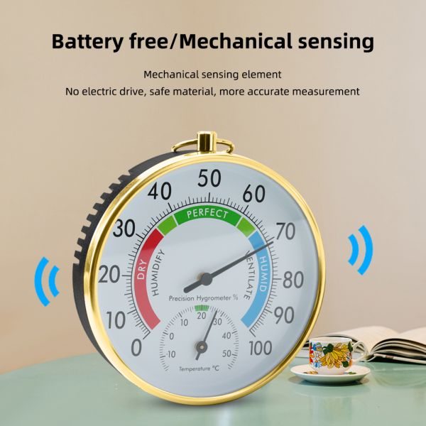 Battery-Free Mechanical Hygrometer Thermometer with Color-Coded Humidity Display and Wide Measurement Range for Indoor Climate Monitoring