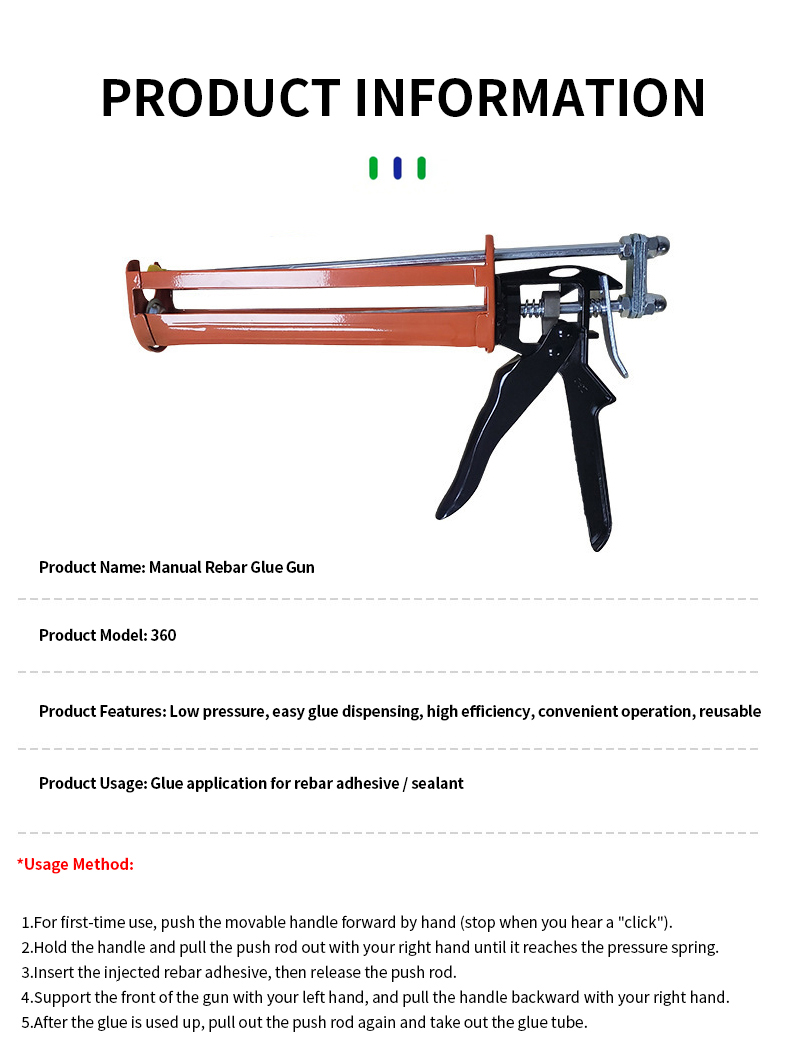 360ml Manual Epoxy Anchor Gun Construction Rebar Adhesive Guns with Power Handle Plunger Control Origin Rod Material